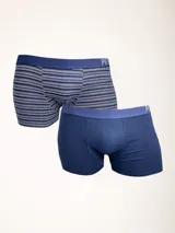 Pack de dos boxers de hombre, uno liso color azul y otro a rayas horizontales en tonos azul, gris y blanco. Ambos con cintura elástica con logo de la marca.