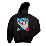 Canguro negro con capucha y cordones ajustables, con estampado de Vegeta de Dragon Ball Z y texto en japonés.