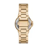 Reloj Michael Kors con caja de acero inoxidable dorada de 33 mm, bisel con strass, esfera blanca multifunción con números romanos dorados y pulsera de acero inoxidable dorada.