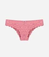 Bombacha bikini de encaje floral color celeste con lazo y dije colgante.