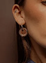 Aros colgantes con aro de acero quirúrgico y dije circular de resina color marrón con borde de strass.