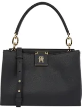 Cartera Tommy Hilfiger tipo tote color negro con textura granulada, doble asa corta, correa larga extraíble y ajustable, cierre magnético y logo metálico dorado en el frente.