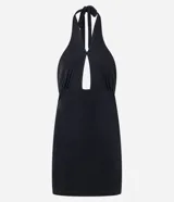 Vestido corto negro con cuello halter cruzado, lazo en el cuello y detalle cutout en el abdomen. Sin mangas y espalda descubierta. Ajustado al cuerpo.