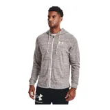 Campera Under Armour Rival Terry, color gris jaspeado, con cierre frontal completo, capucha con cordones ajustables y logo estampado en el pecho.