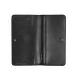 Billetera larga de cuero color negro con cierre a presión y logo J Marc en el bolsillo frontal. El interior incluye tres bolsillos, un bolsillo interno con cremallera para monedas y siete ranuras para tarjetas.