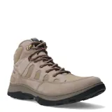 Bota de caña media color taupe, con cordones marrones, detalles de cuero y textil, y suela de goma negra.