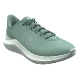 Championes Under Armour Phade RN 3 color verde agua con logo plateado y suela blanca. Zapatillas de running ligeras y cómodas.