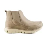 Bota Chelsea Skechers Synergy Easy para mujer, color beige, con capellada de cuero sintético, paneles laterales elásticos, plantilla Air-Cooled Memory Foam y suela de goma con diseño texturizado.