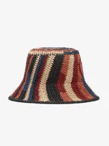 Sombrero tipo bucket tejido a crochet con diseño geométrico multicolor.