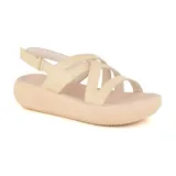 Sandalias negras de cuero Usaflex con plataforma, tiras cruzadas y ajuste con velcro.