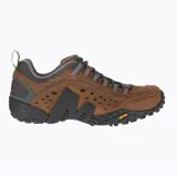 Zapato de senderismo Merrell Intercept de cuero marrón con forro de malla transpirable, lengüeta con fuelle, puntera resistente a la abrasión, plantilla anatómica Ortholite, cámara de aire Merrell Air Cushion en el talón y suela Vibram.