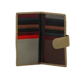 Monedero negro de cuero con textura granulada, cierre con doble broche metálico y logo grabado en la parte inferior. Interior color marrón claro.