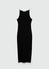 Vestido midi negro de algodón con elastano, corte ajustado, cuello halter y tirantes finos.