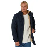 Campera azul marino con capucha forrada en sherpa, cierre frontal con botones y cremallera, bolsillos en el pecho y logo Rip Curl en parche de PU.