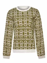 Buzo de manga larga con cuello redondo y estampado abstracto en tonos verde oliva y blanco.