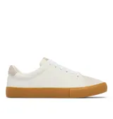 Championes urbanos para mujer marca Columbia, modelo Bonehead Lea en color blanco. Confeccionados en una mezcla de cuero y materiales sintéticos, presentan una suela de goma color caramelo con tecnología Omni-Grip™ para tracción en superficies húmedas y secas. Diseño de perfil bajo con cordones al tono y detalles en gamuza en el talón y la puntera.