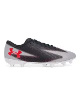 Championes de fútbol Under Armour Shadow Select 3 FG, para unisex. Diseño en degradé de blanco a negro con detalles en rojo y logo de la marca en el lateral. Suela blanca con tapones.