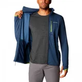 Campera polar Columbia Park View Fleece, color azul jaspeado, con cierre frontal completo, cuello alto, bolsillos laterales con cierre y bolsillo en el pecho con cierre vertical en color verde lima. Cuenta con tecnología Omni-Wick, puños elásticos con orificios para pulgares y protector de barbilla.