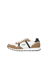 Championes urbanos Jack & Jones, color blanco con detalles en marrón y negro. Presentan superposiciones de diferentes materiales, logo de la marca en el lateral y suela de goma.