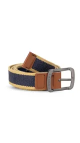 Cinturón casual negro de tela canvas con hebilla metálica plateada y detalles en cuero sintético negro.