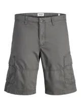 Short cargo gris de Jack & Jones, corte relajado, tiro medio, bolsillos cargo laterales, bolsillos traseros y cierre con cremallera.