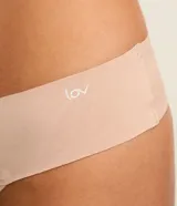 Kit de dos bombachas bikini corte a hilo, una color marrón y otra color piel, con logo de la marca Lov en el frente.