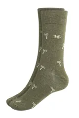Medias de caña media color verde oliva con estampado de palmeras blancas.