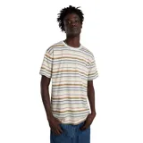 Remera de mangas cortas con cuello redondo y bolsillo en el pecho. Diseño a rayas horizontales en tonos beige, marrón, verde y negro.