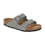 Sandalias Birkenstock Arizona de cuero sintético color gris con hebillas plateadas ajustables.