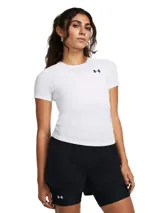 Remera deportiva Under Armour HeatGear Compression de mujer, color blanco, de manga corta y calce ajustado.