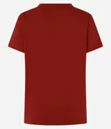 Blusa básica de algodón color tostado, de manga corta con dobladillo y nudo frontal.