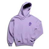 Canguro lila con capucha y bolsillo delantero. Estampado en el pecho con la cara de Alf y texto.