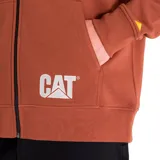 Buzo con capucha Caterpillar, color azul marino, con cierre frontal, bolsillos tipo canguro, puños y cintura acanalados. Logo de Caterpillar bordado en el bolsillo y estampado en la manga derecha.