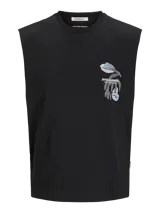 Musculosa negra de algodón con cuello redondo y sisas amplias. Estampado en el pecho con el logo de la marca y un diseño floral abstracto en tonos celeste, rosa y verde.