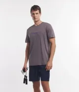 Remera deportiva gris con inscripción azul en el pecho, de corte clásico y manga corta.