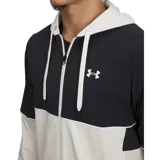 Campera Under Armour UA Zone Woven Jacket para hombre, color negro y turquesa, con capucha y cierre frontal. Logo de la marca en el pecho.