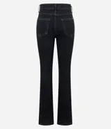 Pantalón boot cut de jeans negro, con bolsillos delanteros y traseros, cierre con botón y cremallera, y trabillas en la cintura.
