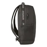 Mochila negra Caterpillar con compartimento acolchado para laptop, bolsillos laterales de malla, correas ajustables y logo reflectante.