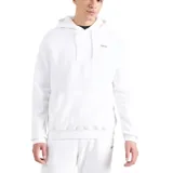 Sudadera con capucha (hoodie) color blanco, de corte holgado, con bolsillo canguro frontal y cordones ajustables en la capucha. Presenta un pequeño logo bordado en el pecho.