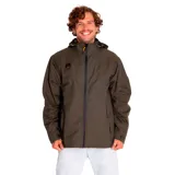 Chaqueta color verde oliva con capucha desmontable, cierre frontal con cremallera y bolsillos laterales.