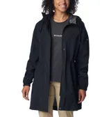 Campera impermeable Columbia para mujer, modelo Splash Side II. Color negro, con capucha ajustable, cintura ajustable con cordón, bolsillos para las manos, puños elásticos y faldón posterior.