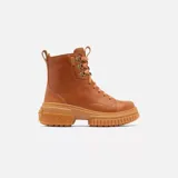Bota de cuero color marrón con cordones, suela de goma y cremallera lateral.