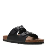 Sandalia plateada con dos tiras anchas con hebillas ajustables, plantilla de corcho y suela de goma.