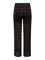 Pantalón de pierna ancha negro con patrón de rombos y glitter dorado.