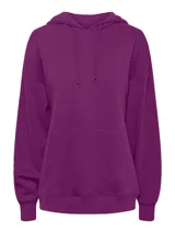 Buzo canguro con capucha color violeta, de corte oversize y manga larga.