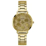 Reloj Guess dorado con esfera brillante y patrón de peonías estampado en la lente.