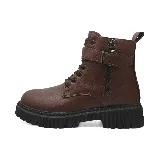 Bota acordonada negra con hebilla y cierre lateral.