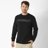 Buzo negro de algodón y poliéster con cuello redondo, mangas largas y puños ajustados. Estampado frontal con el logo de Caterpillar en gris oscuro y logo triangular amarillo en la manga.