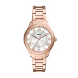 Reloj Fossil Gilmore de mujer con caja redonda de acero inoxidable color oro rosa, esfera plateada con números romanos y brazalete de eslabones en H color oro rosa.