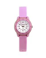 Reloj Mistral deportivo con correa de silicona rosa y esfera blanca con números arábigos.